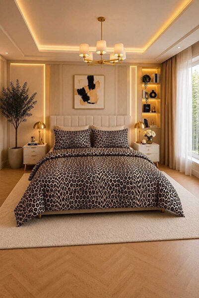 Pamuk Leopar Çift Kişilik Nevresim Takımı Çarşafı Lastikli Pamuklu Kumaş Otel...