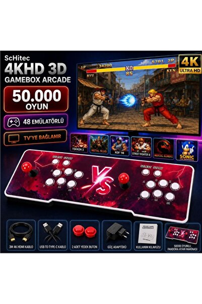 schitec 4K HD 3D Gamebox Arcade 48 Emülatörlü Retro Oyun Konsolu Atari Makina...