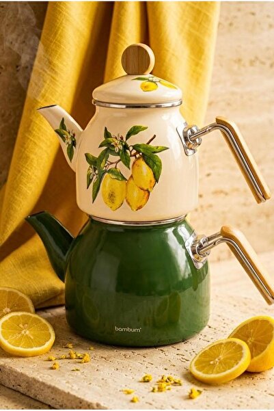 Bambum Unique - Enamel Teapot Set with Bamboo Handles Lemon