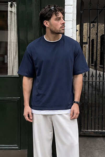 Madmext Oversize Navy Blue Men's T-Shirt 4978