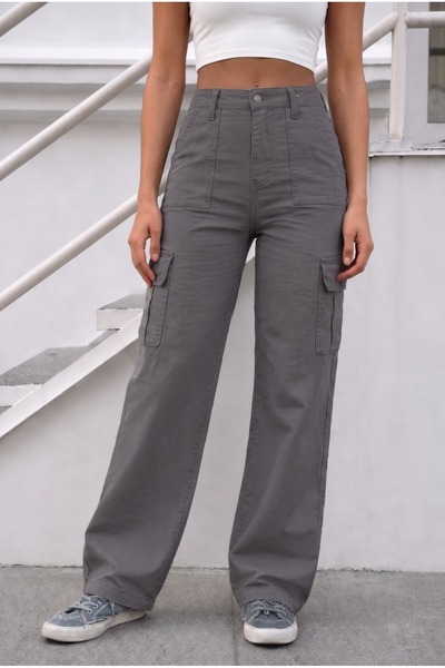 BİKELİFE Gray Cargo Pocket Lycra High Waist Wide Leg Trousers