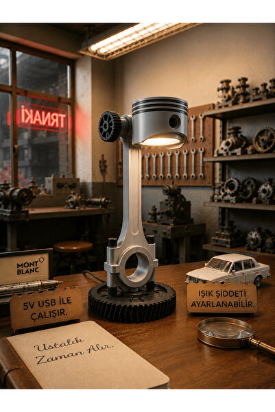 baski.zade Piston LED Dekoratif Masa Lambası, Motor Temalı Ofis Oda Garaj Dek...