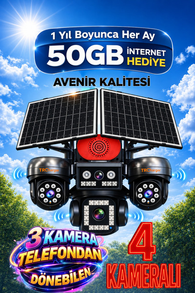 TRCharger 4 Kameralı 4G Solar Güvenlik Kamerası Sim Kartlı, 3 Motorize AOV 7/...