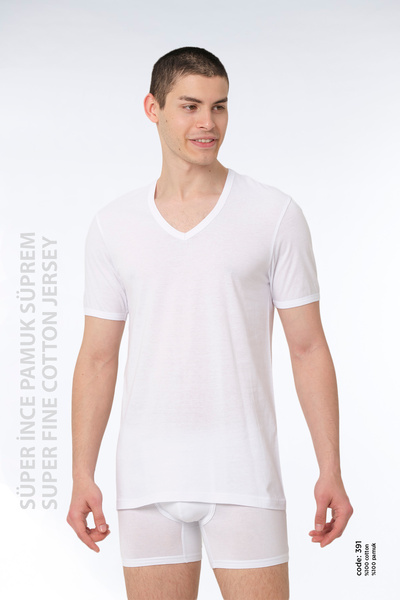 FSM1453 Men's Super Thin Cotton Single Jersey V-neck Short Sleeve Undershirt ...