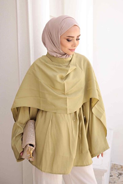 İmajButik Yağ Yeşili Şal Detaylı Bel Bağlamalı Tunik