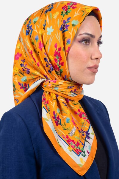 hadiora Women's Orange Colorful Floral Patterned Organic Cotton Soft Scarf