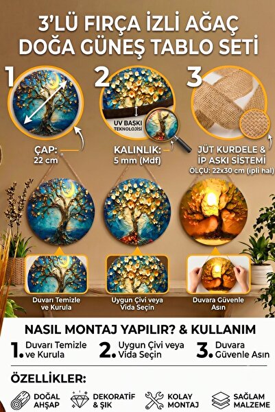 Nod Brush Trace Tree Nature Sun Visual 3-Piece Stringed Wooden Wall Painting Set, Living Room Bedroom Modern Decor