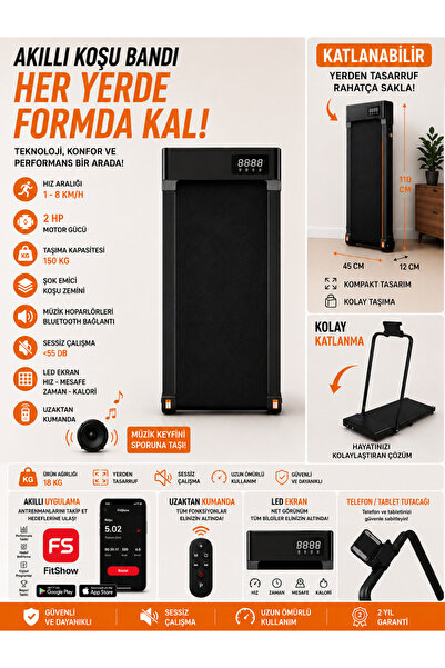 Genel Markalar Katlanabilir Koşu ve Yürüyüş Bandı Bluetooth Kumandalı LCD Ekr...