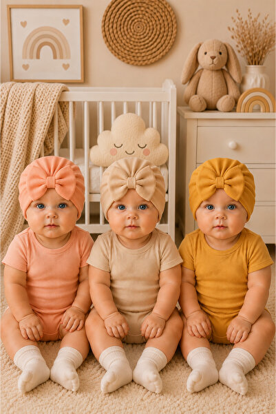 Pico Baby طقم قبعات أطفال بفيونكة مكون من 3 قطع - كريمي/ سلمون/ خردل