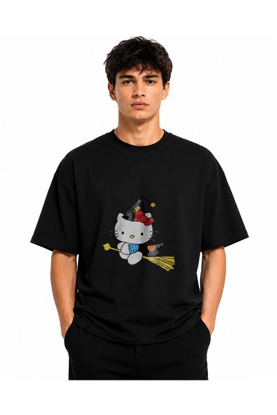 Inscriptie t-shirt Unisex Premium Cotton Casual "Hello Kitty on the broom"