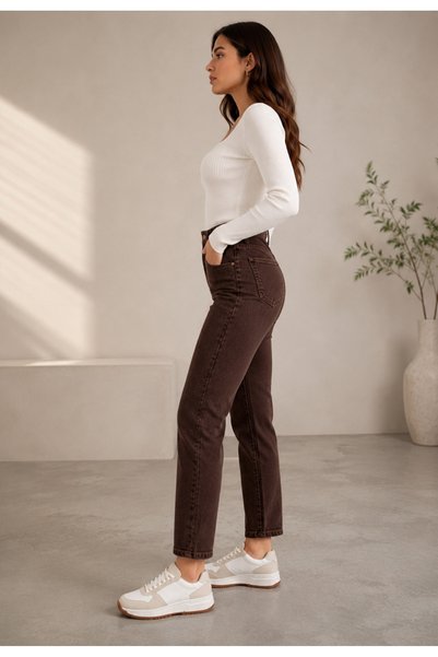 DELDNM Zera Women's Premium Brown High Waist Lycra Trendy Mom Jean