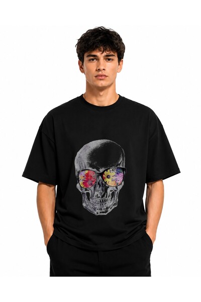 Inscriptie Tricou Unisex Bumbac Premium Casual " Skeleton with glasses drawing "