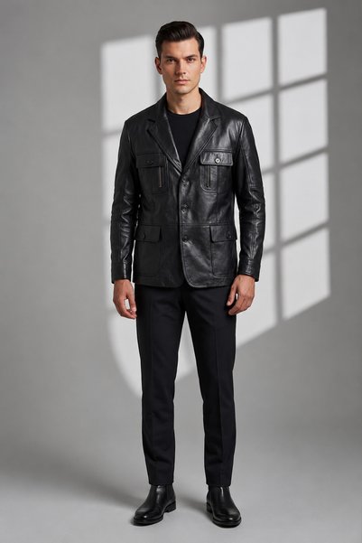Deriderim Black Logan Men's Genuine Leather Jacket with Button Closure, Chest and Front Pockets, Fitted Waist, and Lining.
