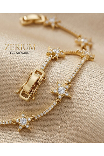 ZERİUM سوار نسائي من الفولاذ بتصميم مسار الماء مرصع بالنجوم وحجر الزركون