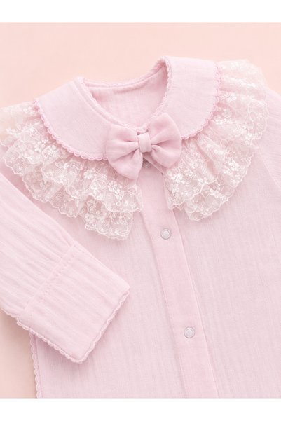 Kardeşler Bebe Bow and Lace Detailed Detachable Collar Baby Girl Romper with Booties + Headband
