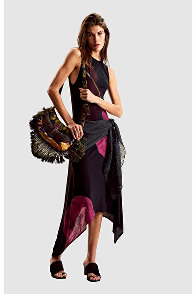 Desigual Rochie midi femei asimetrică cu imprimeu floral negru