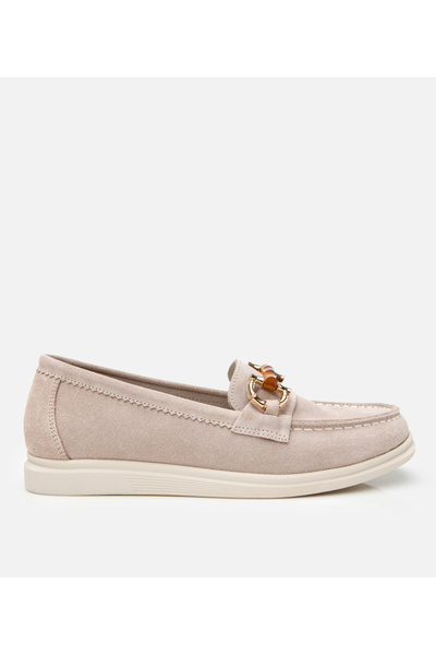 Hotiç Women's Suede Leather Beige Buckle Casual Loafer