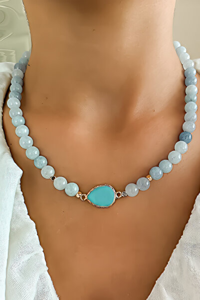MinimalistTasarım Aquamarine Necklace, Natural Stone Necklace, Evil Eye Neckl...
