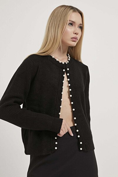 Arma Life Women's Pearl Patterned Basic Black Knitwear Cardigan