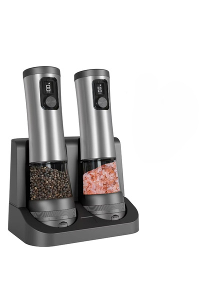 Choice Silver Electric Automatic Pepper Grinder Set Rechargeable Base LED Dis...