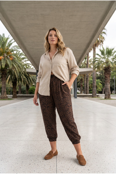 Stil Diva Pantaloni de mărime mare cu model abstract, cu buzunare elastice la...