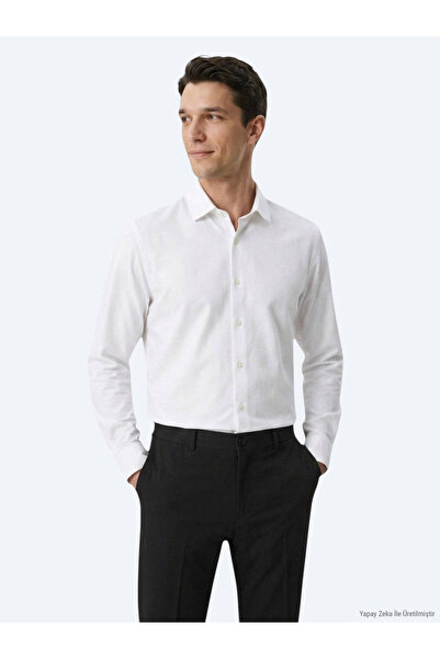 Kip White Plain Regular Fit Long Woven Casual Cotton Blend Shirt