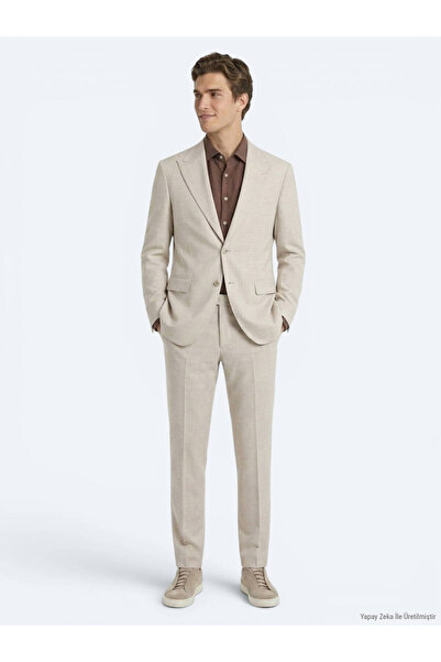 Kip Beige Patterned Modern Fit Wool Blend Suit