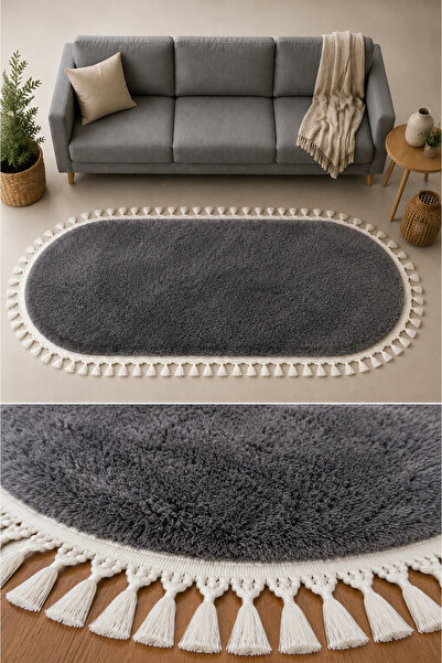 SANRUGS Home & Living Antrasit Renk, Akrilik Püsküllü Oval Kesim Post Peluş Y...
