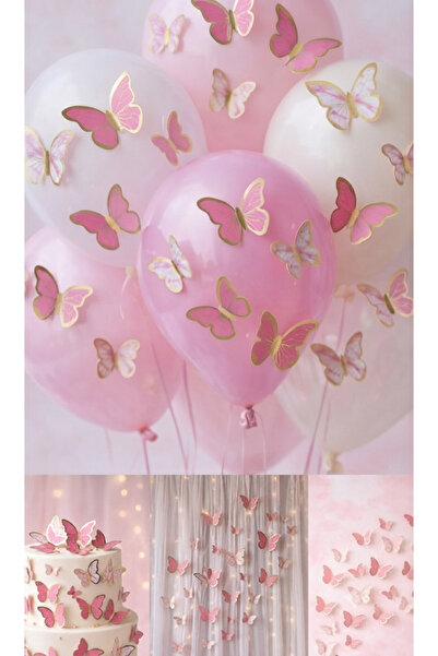 Acar Süs Kelebek Dekoratifli Pasta,Balon,Parti,Doğum Günü Süsü Varaklı Pembe ...