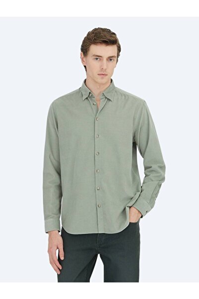 Kip Mint Striped Regular Fit Long Woven Velvet Casual 100% Cotton Shirt