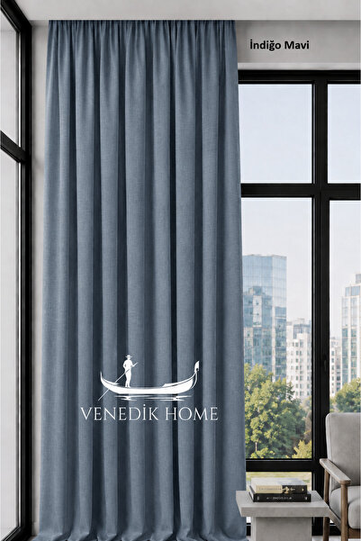 venedik home K.İndiğo Mavi Renk Milas Keten Fon Perde (PİLESİZ) Ekstrafor Büz...