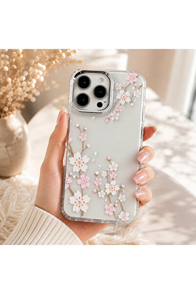 daystar İPhone 15 ile Uyumlu Bahar Çiçeği Desenli Şeffaf Telefon Kılıfı
