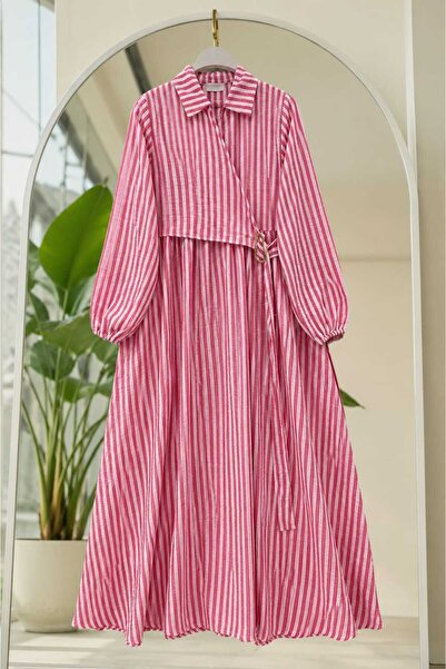 MODA VEDAT Γυναικείο Ριγέ Φόρεμα με Λεπτομέρεια Πλαϊνής Δέστρας με Κούμπωμα -...