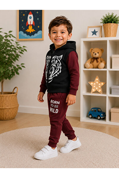SERPİL Erkek Çocuk 3'lü Takım Kaplan Baskılı Sweatshirt Eşofman Penye Yelek B...