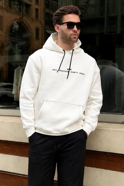 Madmext Ecru Hooded Embroidery Detailed Men's Sweatshirt with Pockets 7066