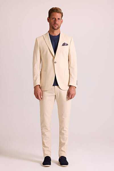 Ysf Erkek Bej Takım Elbise Keten Slim Fit Sivri Yaka