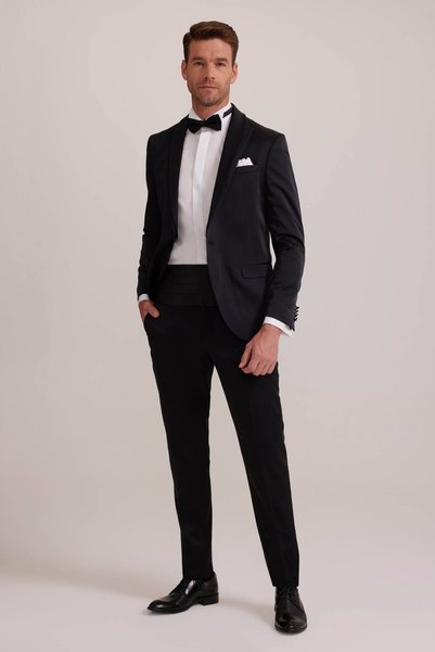 Ysf Erkek Siyah Slim Fit Kırlangıç Yaka Damatlık