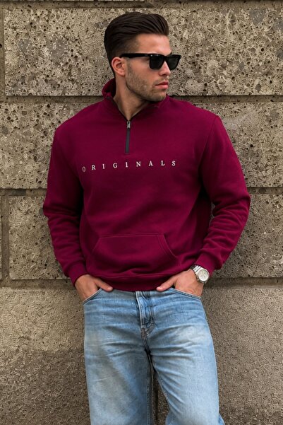 Madmext Burgundy Zipper Collar Embroidered Sweatshirt 6028