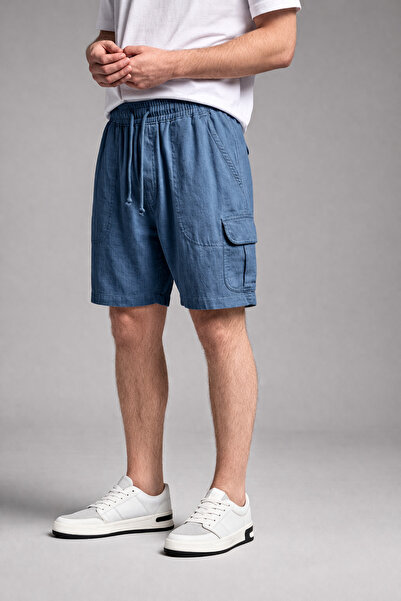 DAMGA JEANS شورت رجالي من الكتان الأزرق الفاتح بخصر مطاطي وجيوب كارجو للاستخد...
