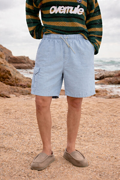DAMGA JEANS Men's Low Waist Premium Cargo Pocket A.Blue Linen Shorts