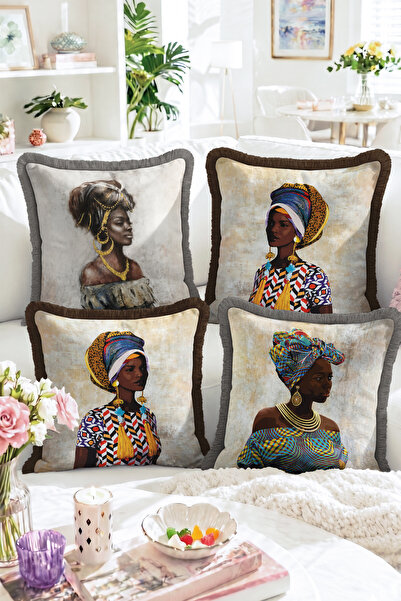 Realhomes Set of 4 Fringed Throw Pillow Covers with African Woman Figures and...