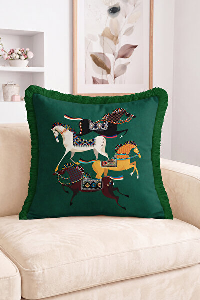 Realhomes Ethnic Patterned Running Horse Figured Green Fringed Throw Pillow C...