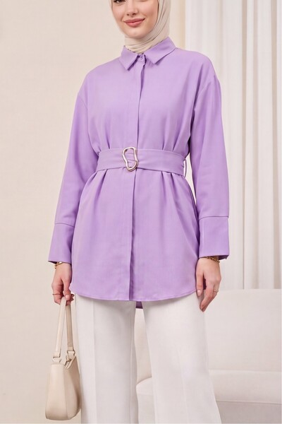 Modamorfo Poplin Tunic with Buckle Belt, Double Cuff Sleeves and Hidden Butto...