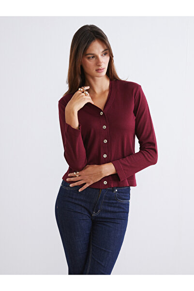 LC Waikiki Nevavm Farkıyla Soulife Burgundy Knitwear Plain Women's Cardigan