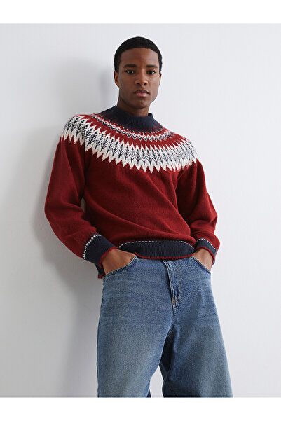 LC Waikiki Nevavm Xside Red Knitwear Patterned Oval Collar Men's Sweater with...