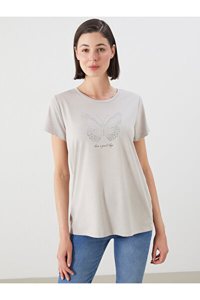 LC Waikiki Original Oval Collar Embroidered Women's T-Shirt