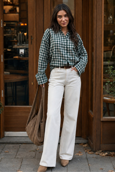 Madmext Green Oversize Checkered Women's Shirt Mg2822