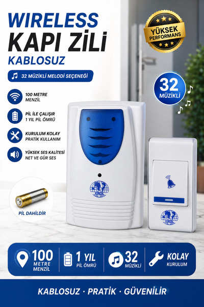 wirelessshop Kapı Zili Kablosuz 32 Müzikli 100 Metre Menzilli PİL 1 Sene Daya...