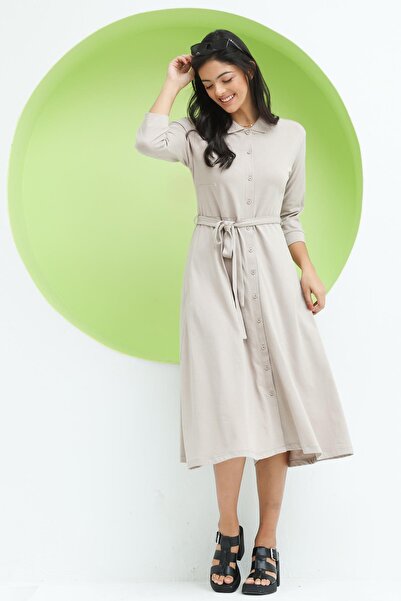 Polo State Women's Polo Collar Buttoned Waist Belted Long Dress Beige