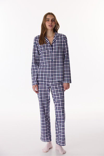 Penti طقم بيجاما قطني من قميص وبنطلون، بنقشة مربعات Gingham، باللون الأزرق ال...